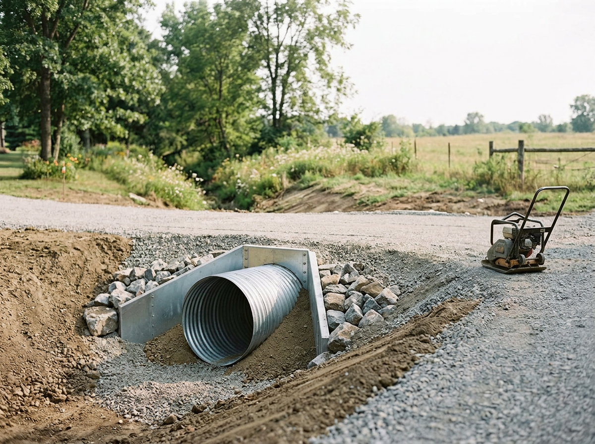 Construction site with a large metal culvert pipe being installed underground, a compactor machine nearby, and a gravel road leading to a rural landscape with trees and open fields.