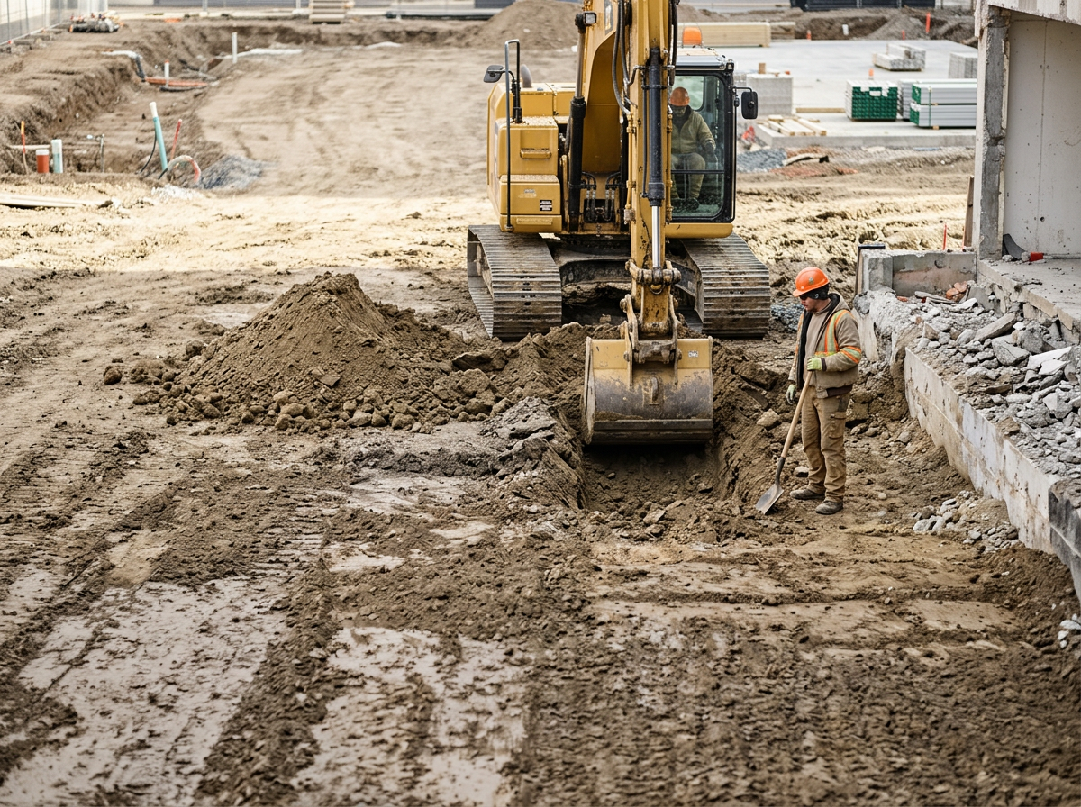 Construction site with two workers and a yellow excavator. One worker is digging with a shovel near the excavator, and the other is operating the excavator in the background. The site has dirt, rocks, and construction materials.