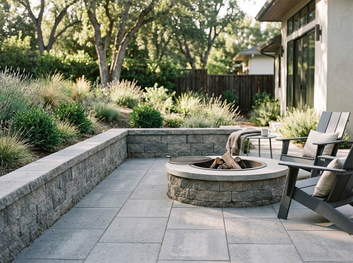 Backyard patio with built-in fire pit, lounge chairs, side table with mug, and landscaped garden with trees and plants