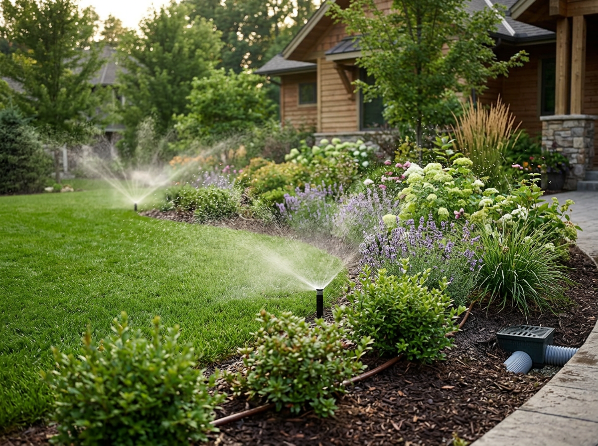 A lush backyard garden with green grass, flowering plants, and a sprinkler watering the plants near a wooden house.
