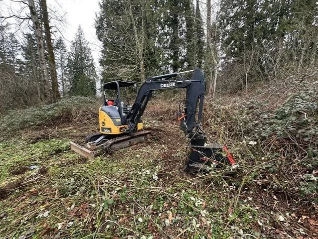 A small John Deere excavator working on clear-cutting a hillside in a forested area.