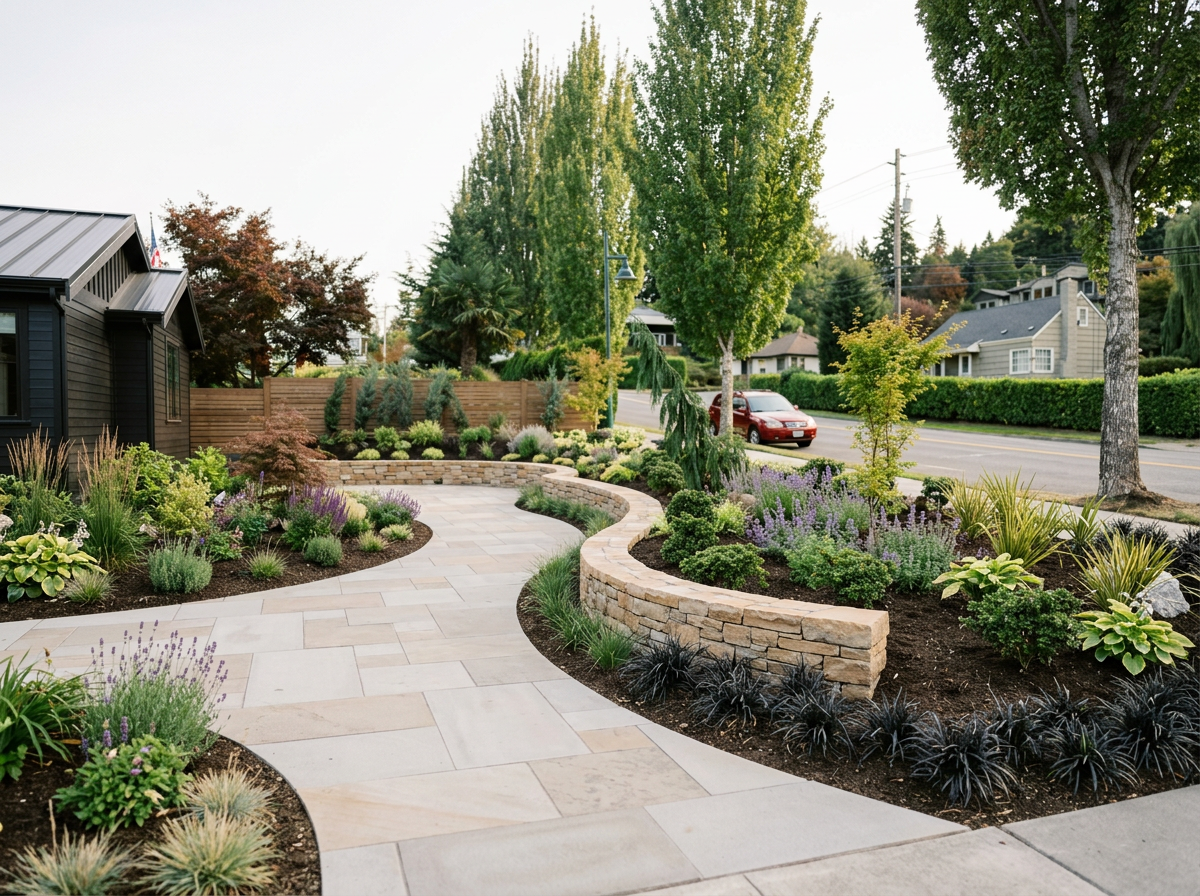A landscaped front yard with a curved stone pathway, various plants, trees, and a black house on the left, with neighboring houses across the street.