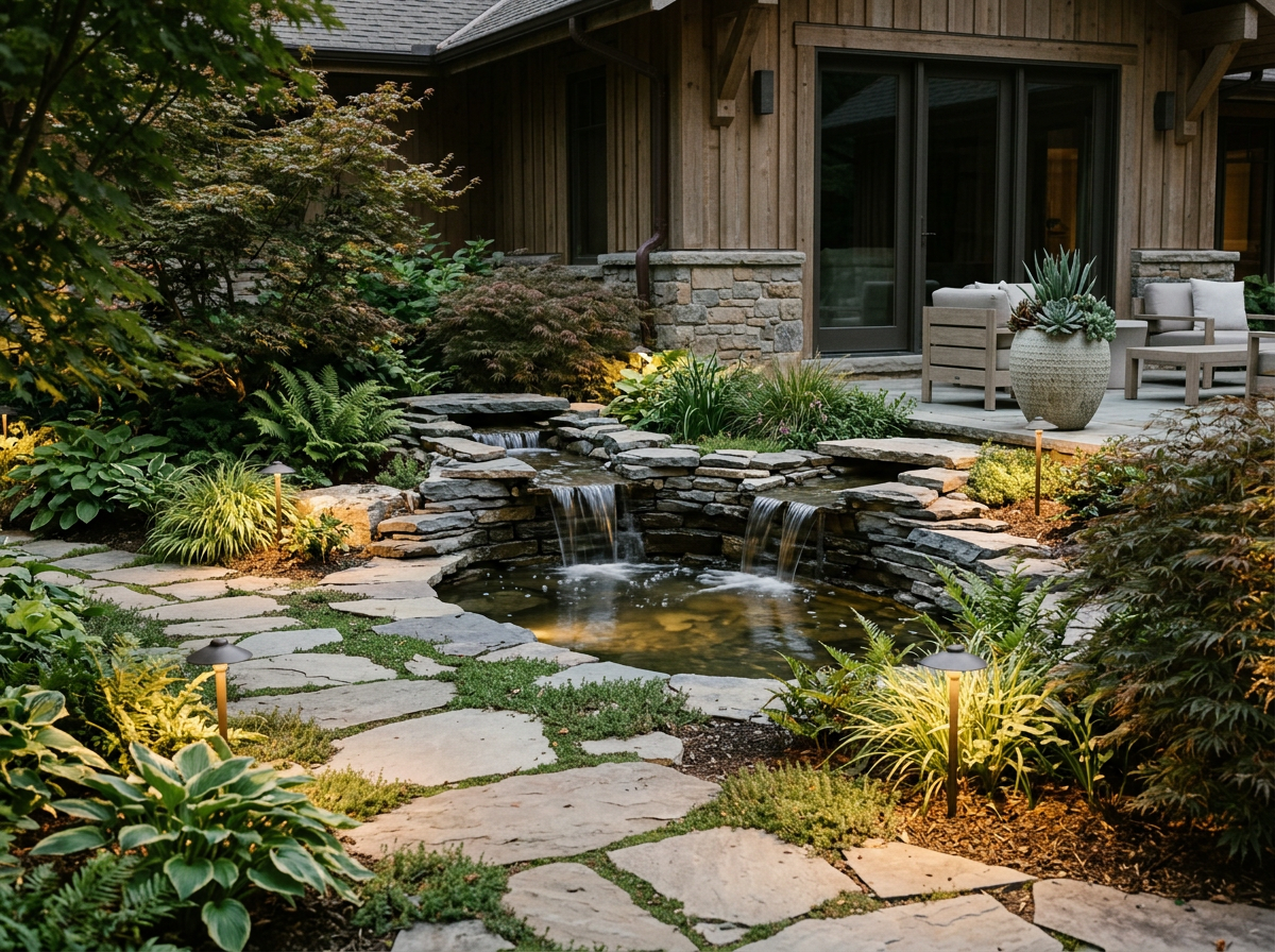 Backyard with stone pathway, small pond with waterfalls, lush green plants, trees, and outdoor seating area with chairs and large planter, evening lighting.