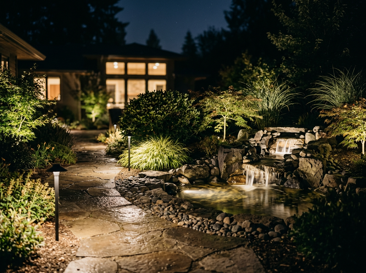 Nighttime view of a landscaped garden with a stone pathway, small waterfall feature with flowing water, lush greenery, and soft garden lighting, with a house illuminated in the background.
