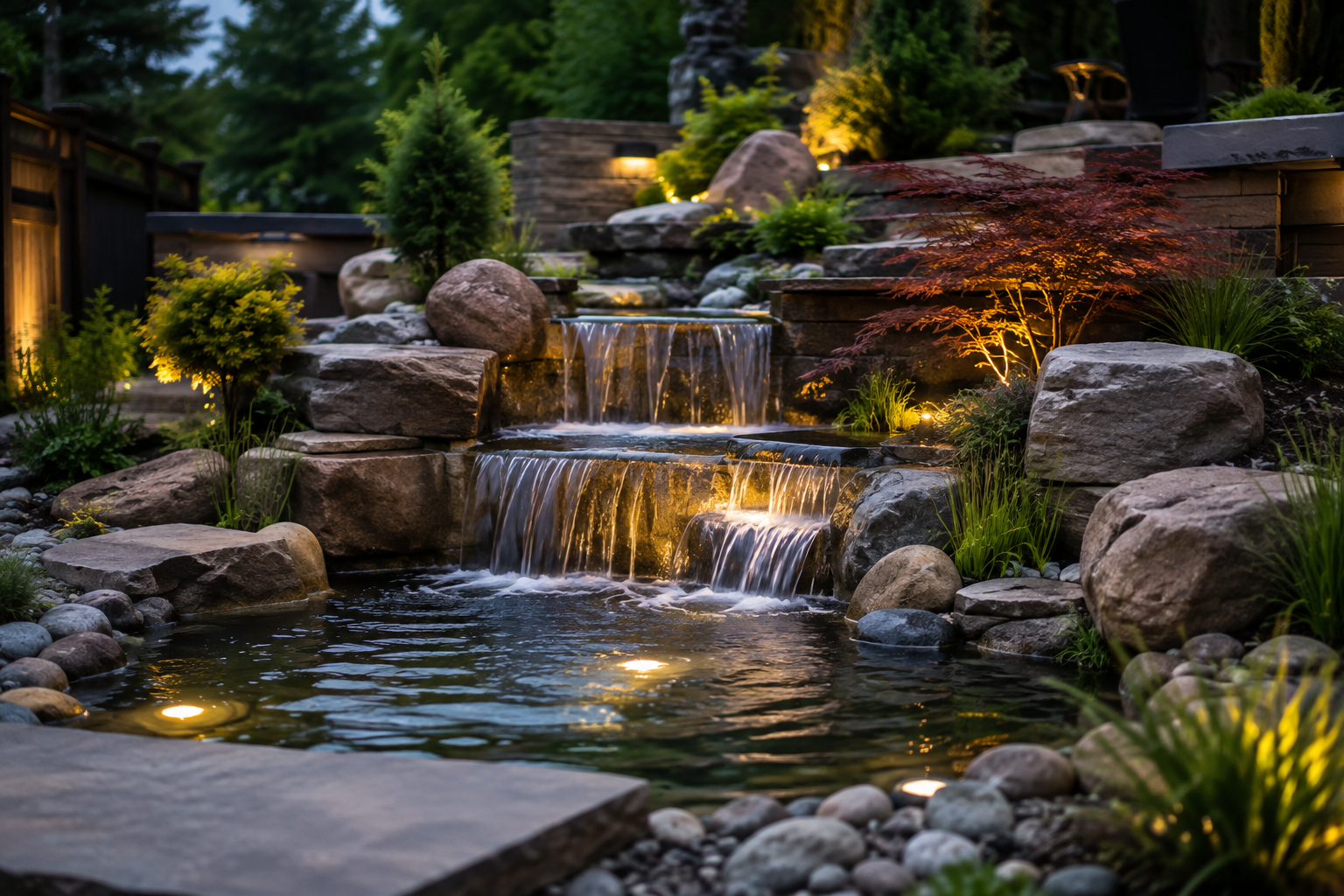 A backyard with a multi-tiered waterfall feature surrounded by large rocks, small plants, and illuminated with landscape lighting at dusk.