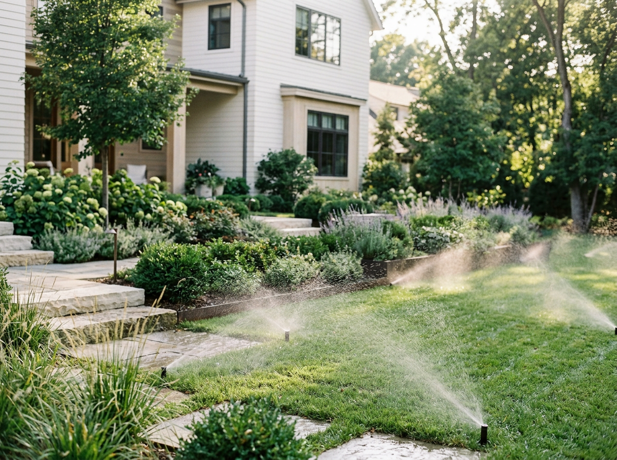 A landscaped backyard with lush green grass, garden beds with various plants and flowers, a stone pathway, and sprinklers watering the lawn. A white house with large windows is in the background, with tall trees surrounding the yard.