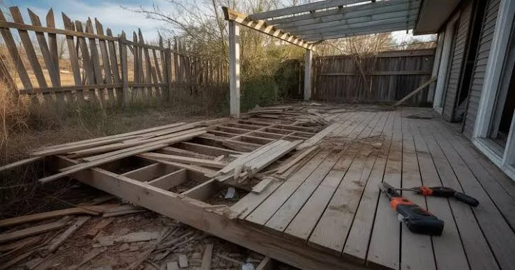 Backyard deck under construction with some wooden planks and tools, partially disassembled, next to a sliding glass door, with a fence and trees in the background.