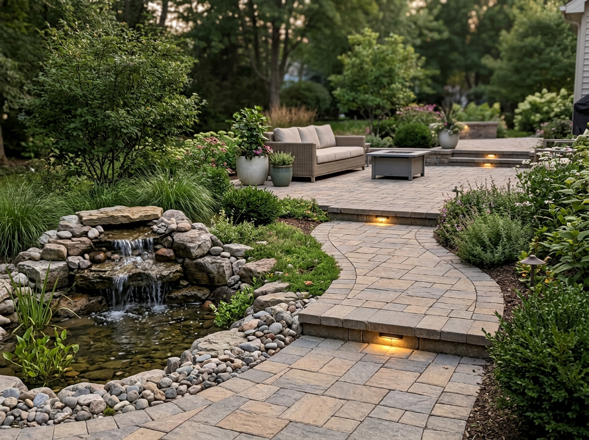 Paved backyard patio with stone pathway, small tiered waterfall pond, outdoor furniture, and summer flowers and bushes in a lush garden setting.