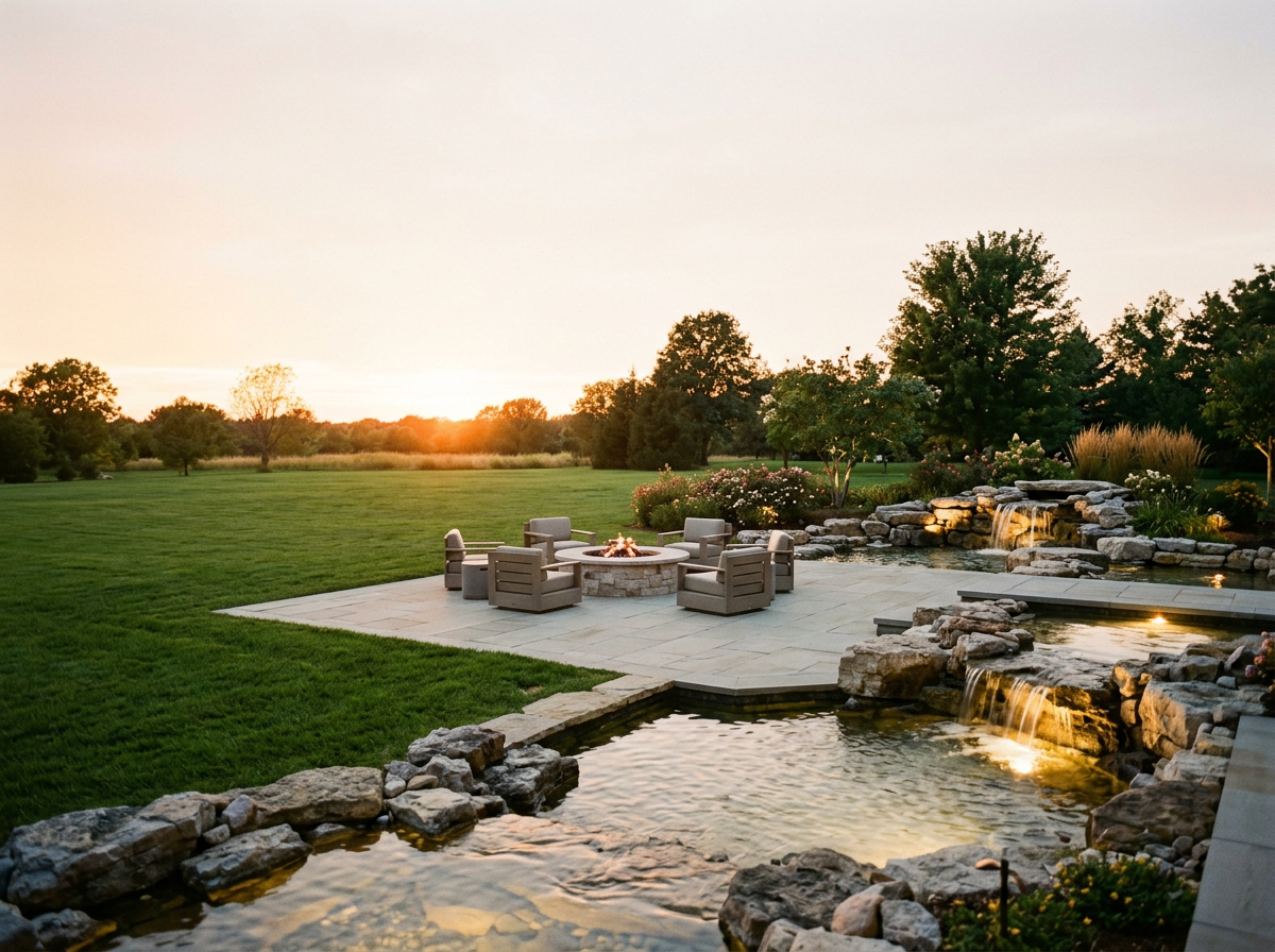 Outdoor patio with a fire pit surrounded by chairs, a waterfall, and a pond in a spacious green yard at sunset.