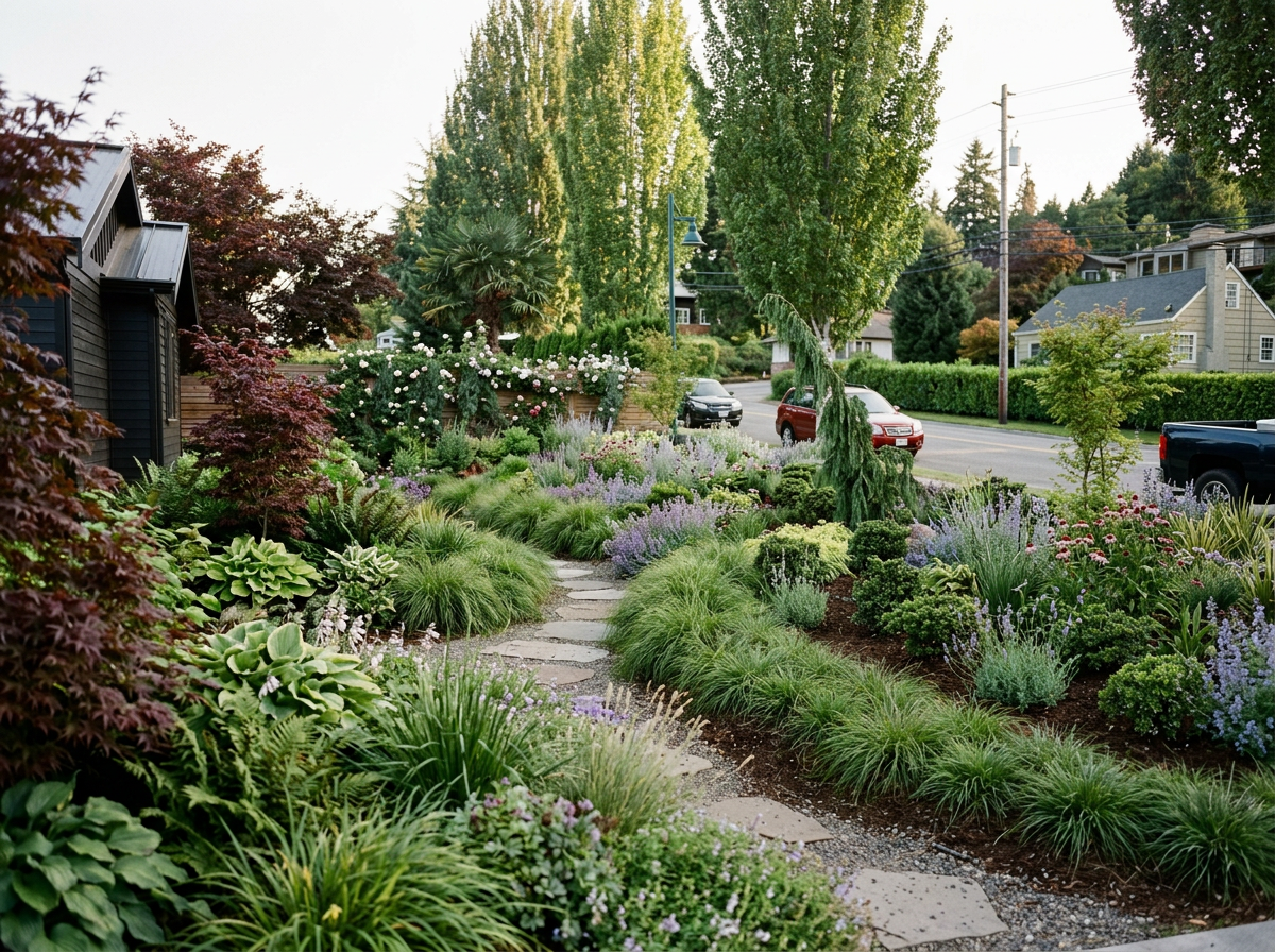 A lush garden with a stone pathway, surrounded by various green plants, shrubs, and flowering bushes, with residential houses and a street in the background.