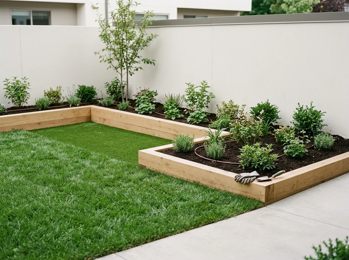 A garden with two raised wooden flower beds filled with plants and shrubs, bordered by a lush green lawn, and a white wall in the background.