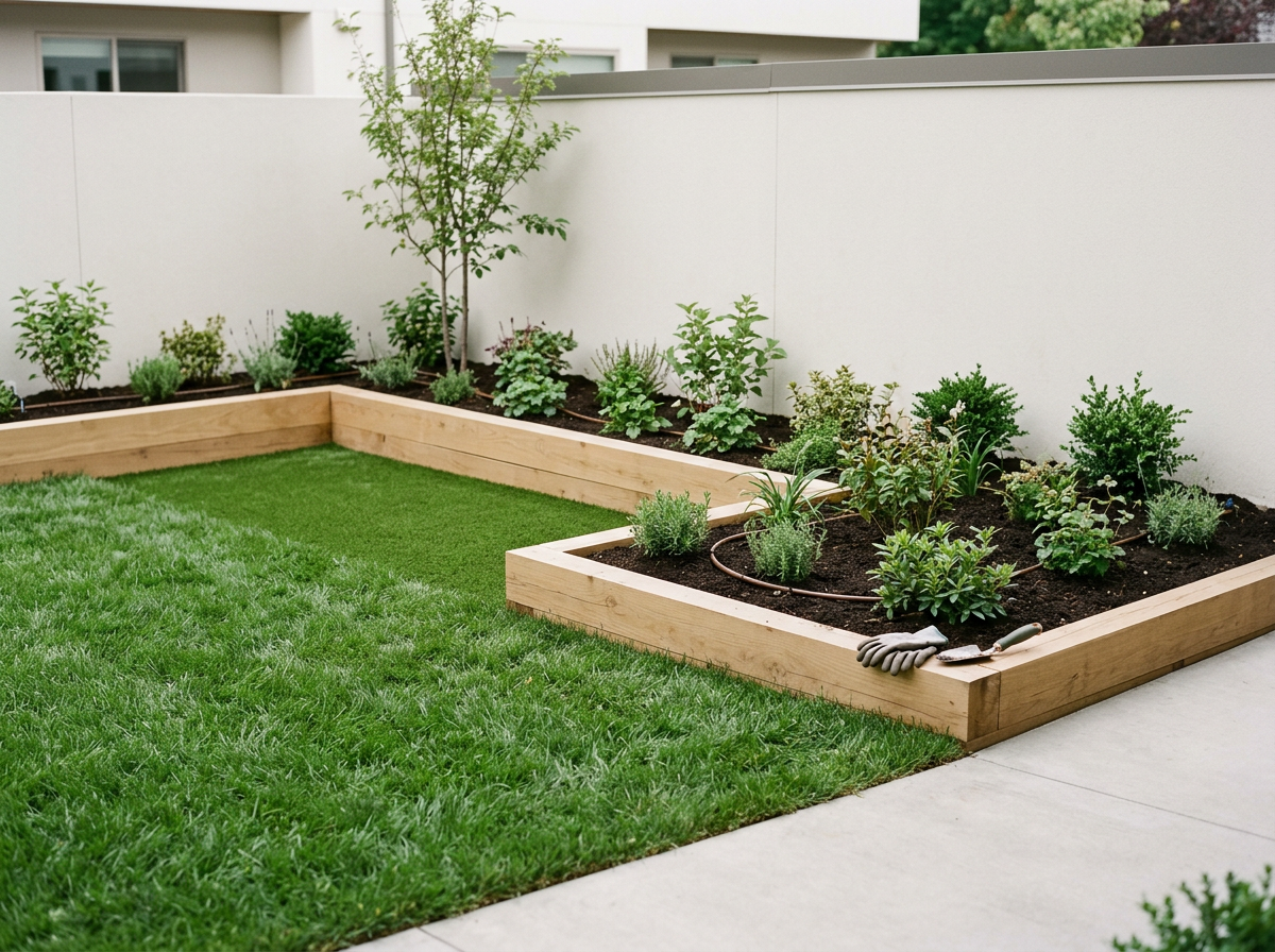A garden with two raised wooden flower beds filled with plants and shrubs, bordered by a lush green lawn, and a white wall in the background.