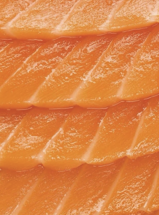 Close-up of thinly sliced raw salmon fillet.