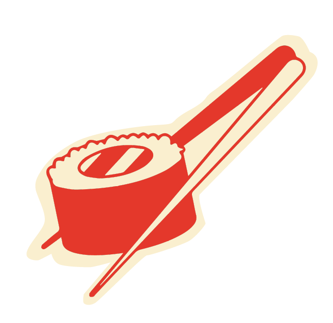 A stylized illustration of a sushi roll with a piece of an avocados and a chopstick.