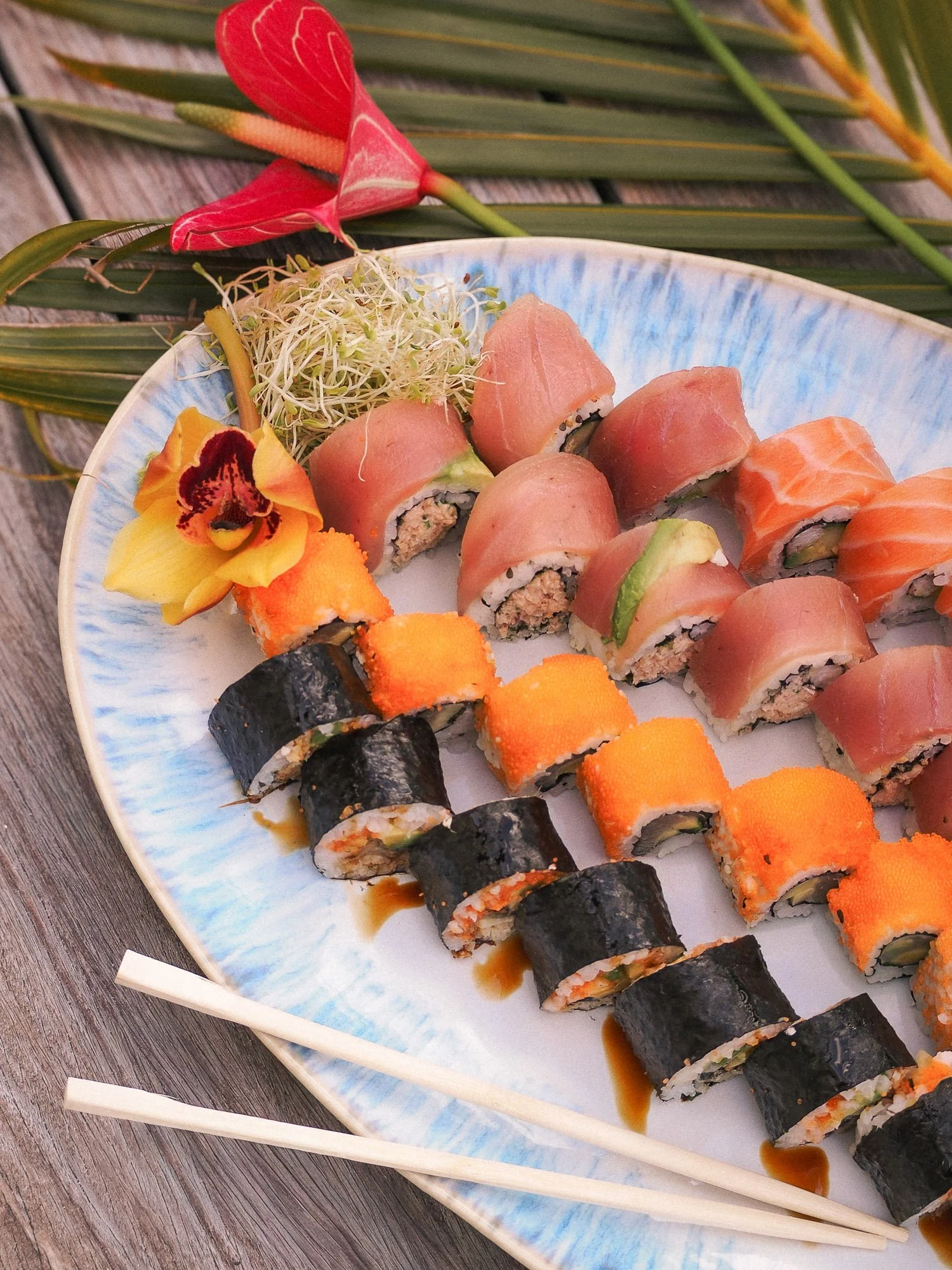 Assorted sushi platter prepared by Croq by Yo for private catering in St. Barths
