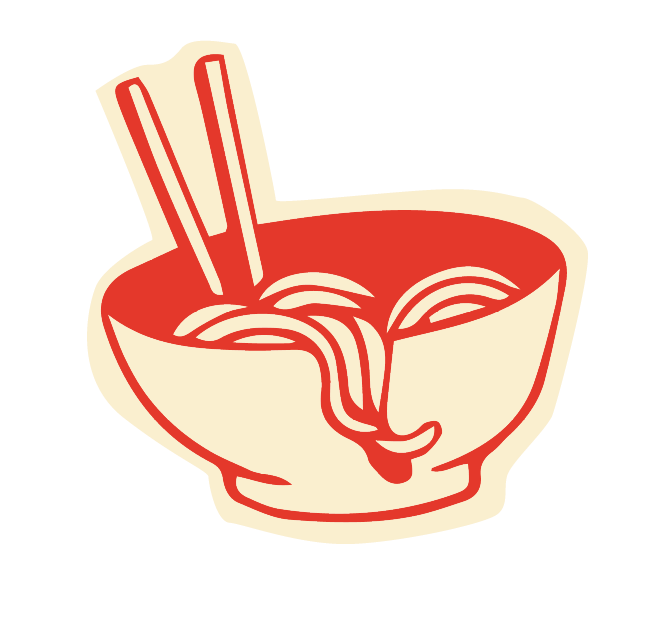 Illustration of a bowl of noodles with chopsticks by Croq by Yo