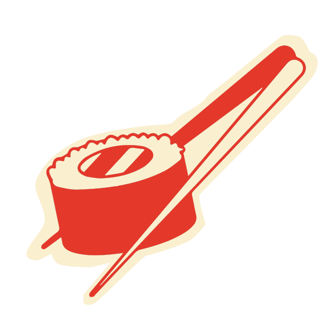 A stylized illustration of a sushi roll with a slice of raw fish on top, accompanied by chopsticks.
