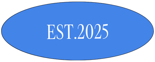 Blue oval with white text reading "EST. 2025".