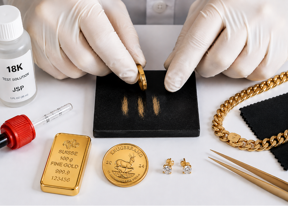 A gold item being professionally tested during evaluation