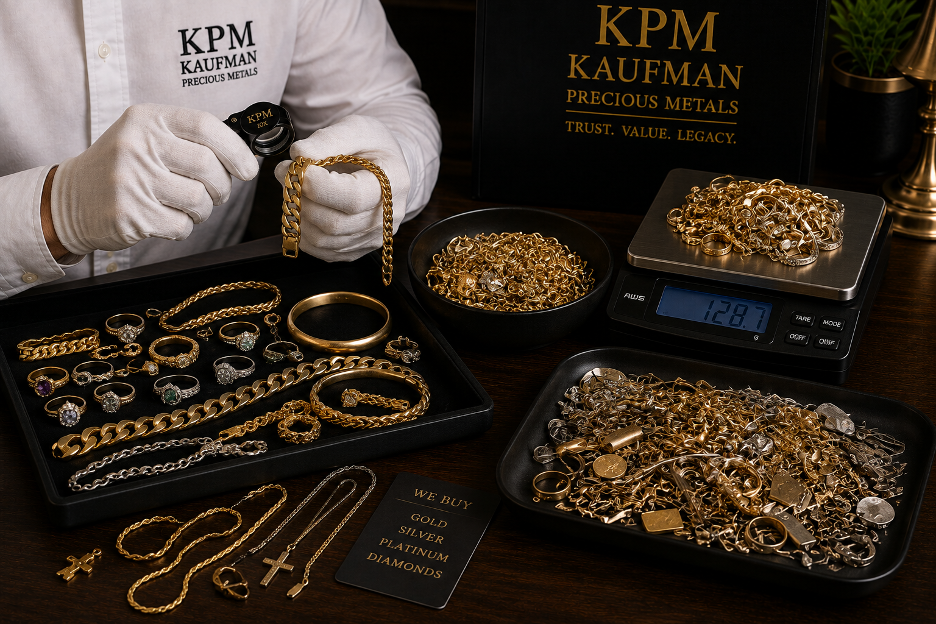 A collection of gold jewelry evaluated by Kaufman Precious Metals