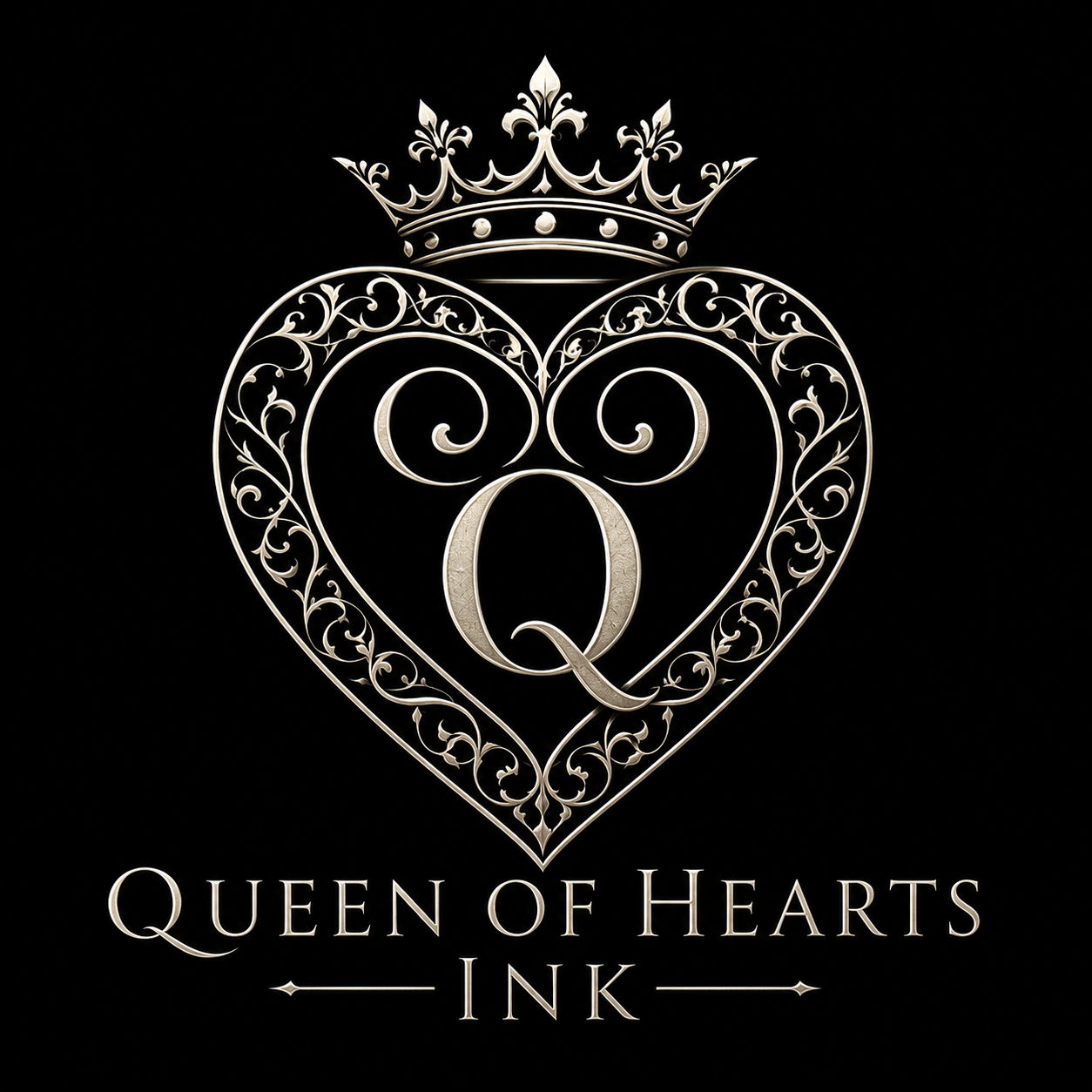 A decorative silver heart with a crown on top and the letter Q in the center, with the text 'Queen of Hearts Ink' below.