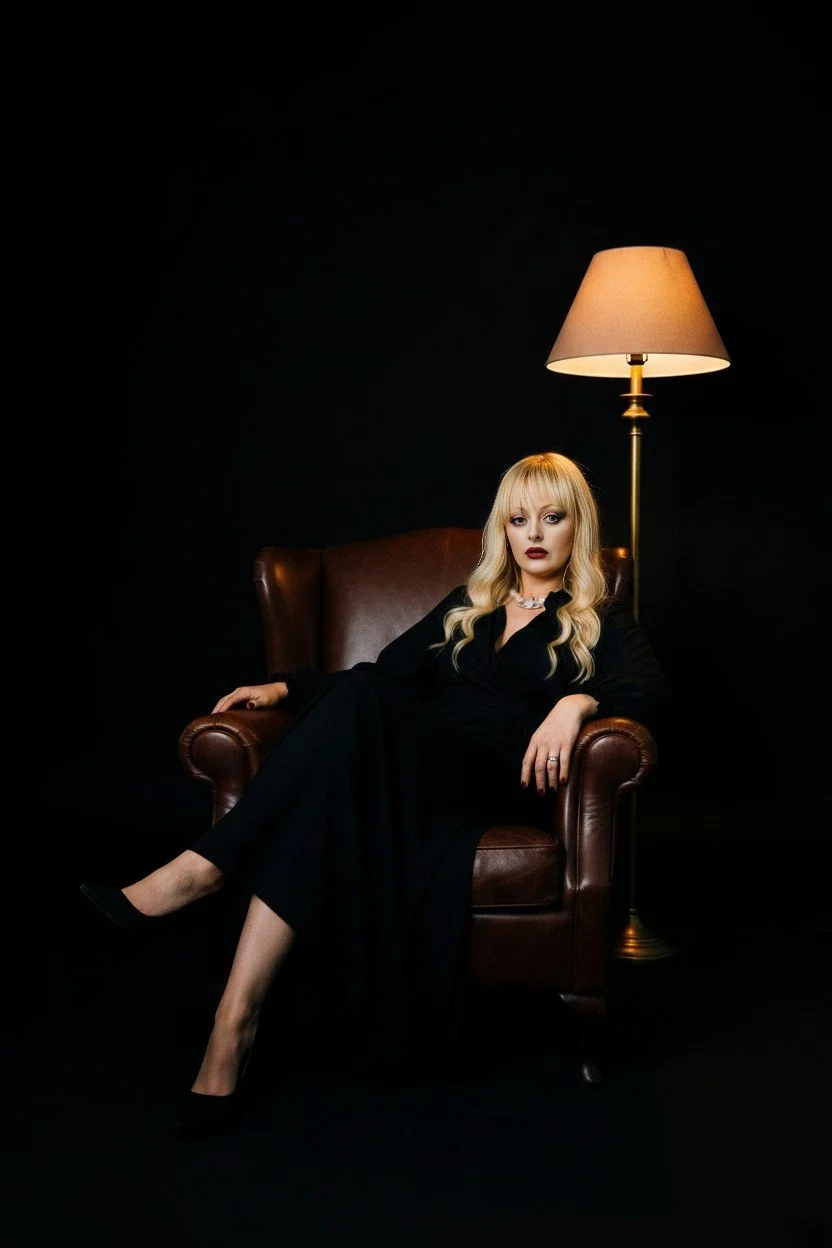 A woman with blonde hair and dark lipstick sitting on a brown leather armchair, wearing a black dress, in a dark room with a standing lamp providing warm light.