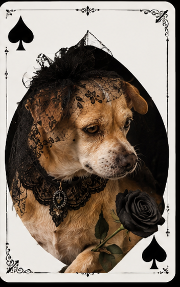 A dog wearing black lace and a veil, holding a black rose in its paw, framed by a playing card design featuring a spade symbol.