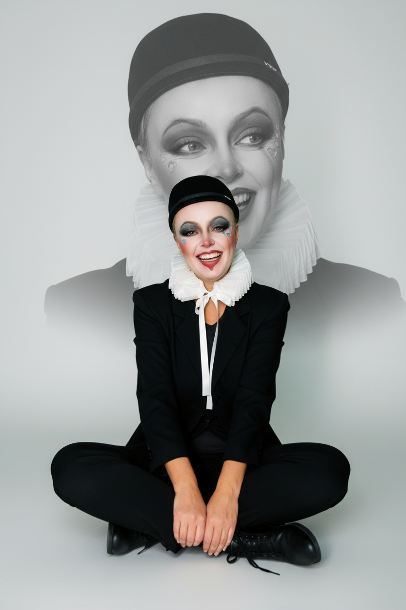 Young woman with colorful makeup and facial decorations, wearing a black hat and black suit, sitting cross-legged and smiling at the camera, with a large grayscale portrait of herself behind her.