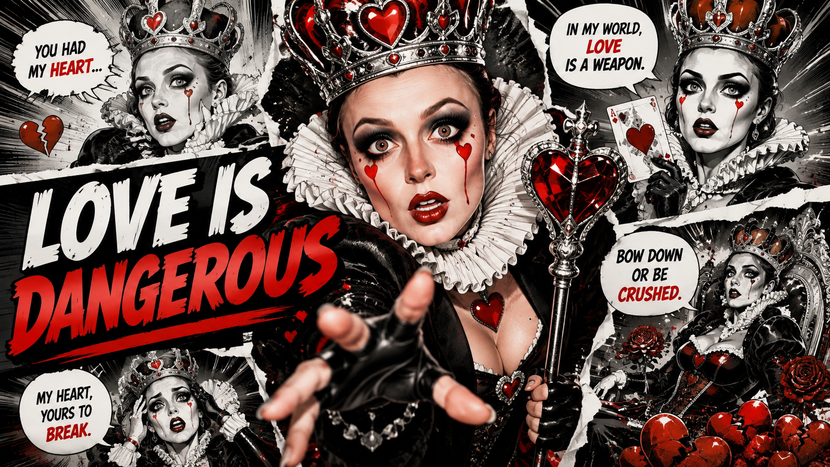 A collage of women dressed as queens with makeup and costumes inspired by 'Queen of Hearts' and 'Alice in Wonderland' theme. The center features a woman with an intense gaze, wearing a crown and holding a scepter with a large red heart. Surrounding her are images of women with different expressions, wearing crowns, and holding playing cards and roses. The image includes bold text phrases like 'LOVE IS DANGEROUS,' 'YOU HAD MY HEART,' 'IN MY WORLD LOVE IS A WEAPON,' 'BOW DOWN OR BE CRUSHED,' and 'MY HEART, YOURS TO BREAK,' all in a comic-book style.