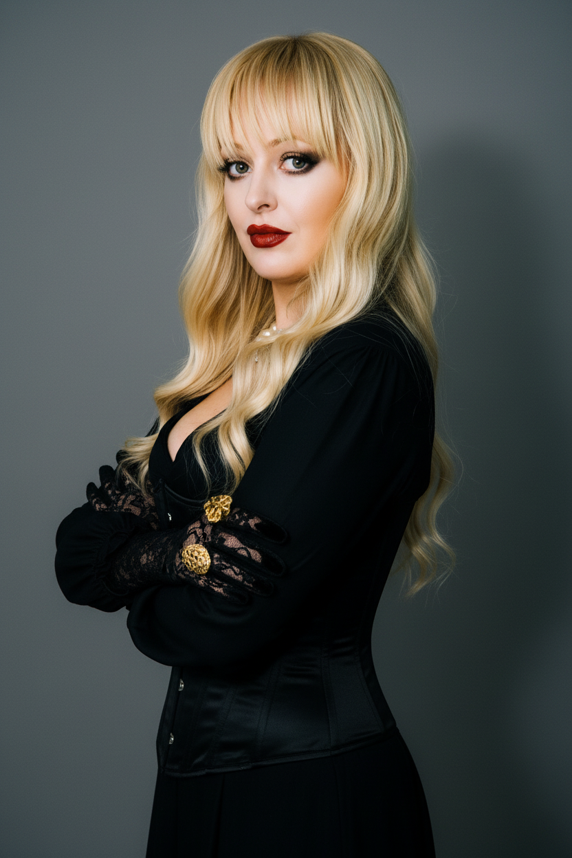 A woman with long blonde hair wearing a black dress with lace gloves and gold button accents, posing with arms crossed against a gray background.