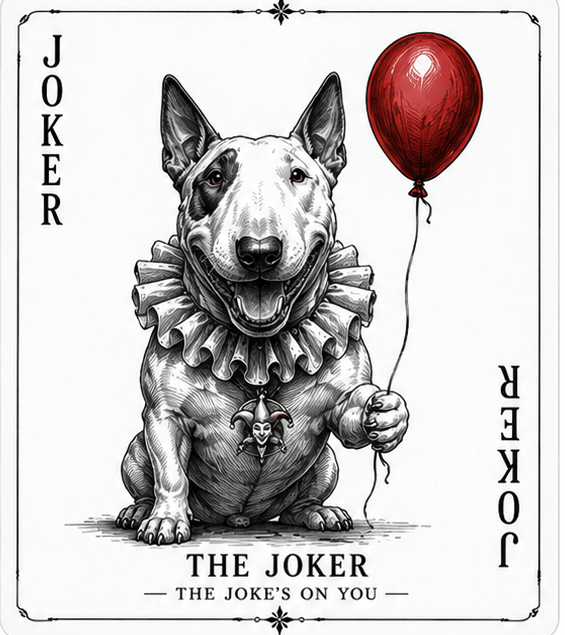 Drawing of a dog dressed as a joker, holding a red balloon, with a joker-themed necklace, on a playing card with the words "The Joker" and "The Joke's on You."