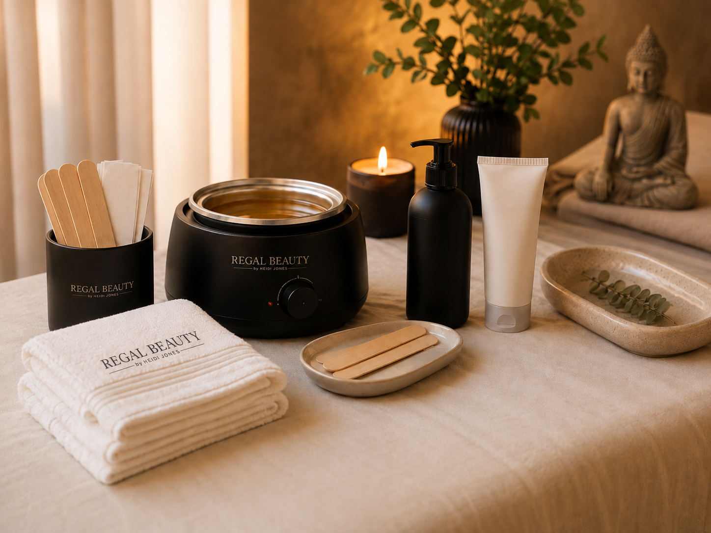 Spa or massage treatment setup with a black wax warmer, wooden spatulas, towels, lotion, and a candle, all arranged on a table with soft lighting and a Buddha statue in the background.