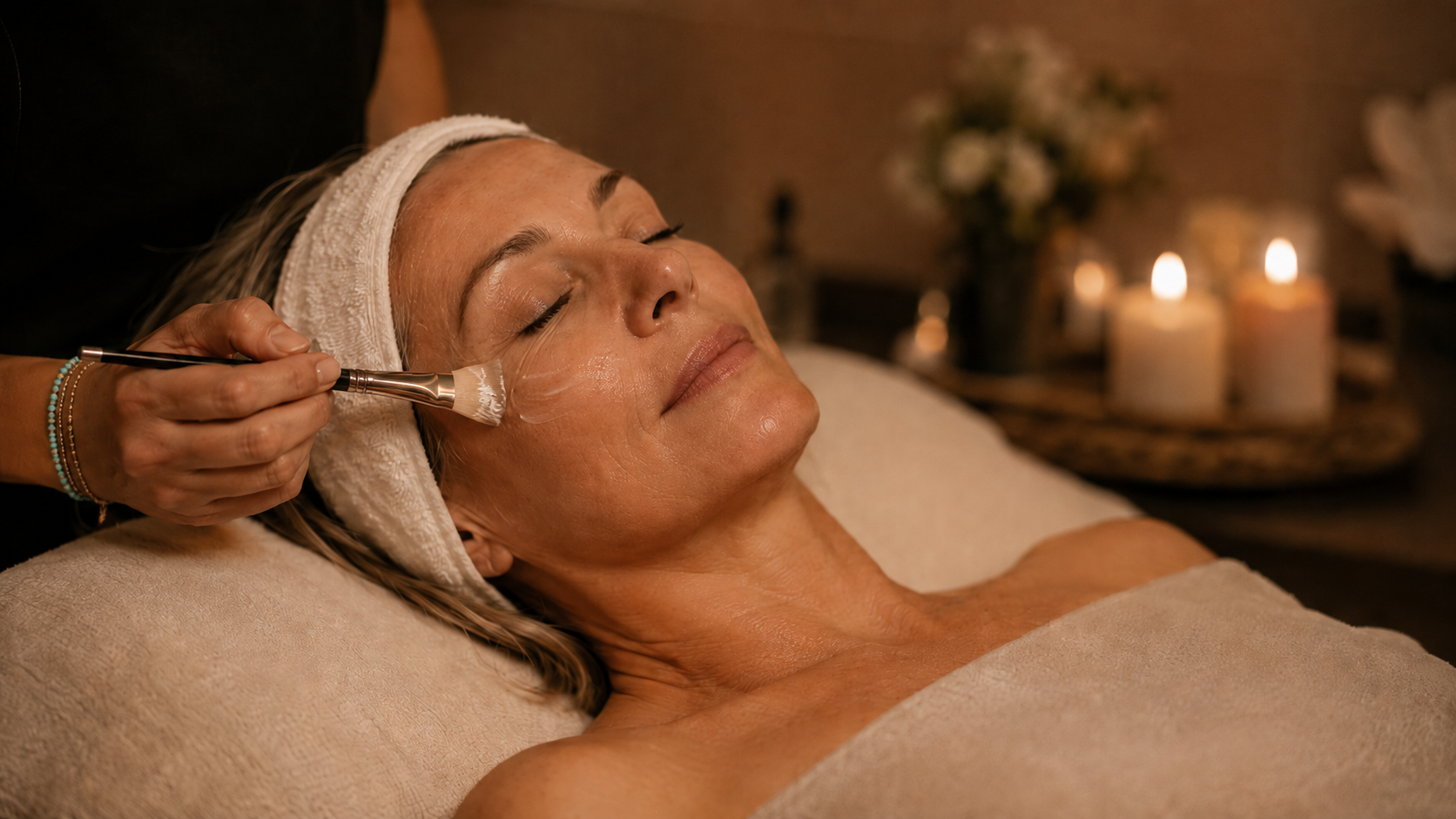 A woman receiving a facial treatment in a spa, lying down with a towel wrapped around her chest, and a headband around her hair. An esthetician is applying a cream or mask with a brush on her face. In the background, there are lit candles and a floral arrangement.