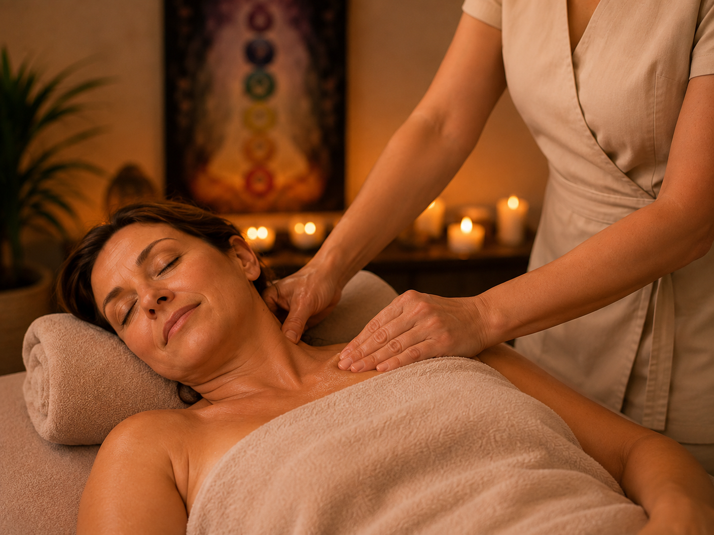 A woman receiving a massage in a dimly lit room with lit candles in the background