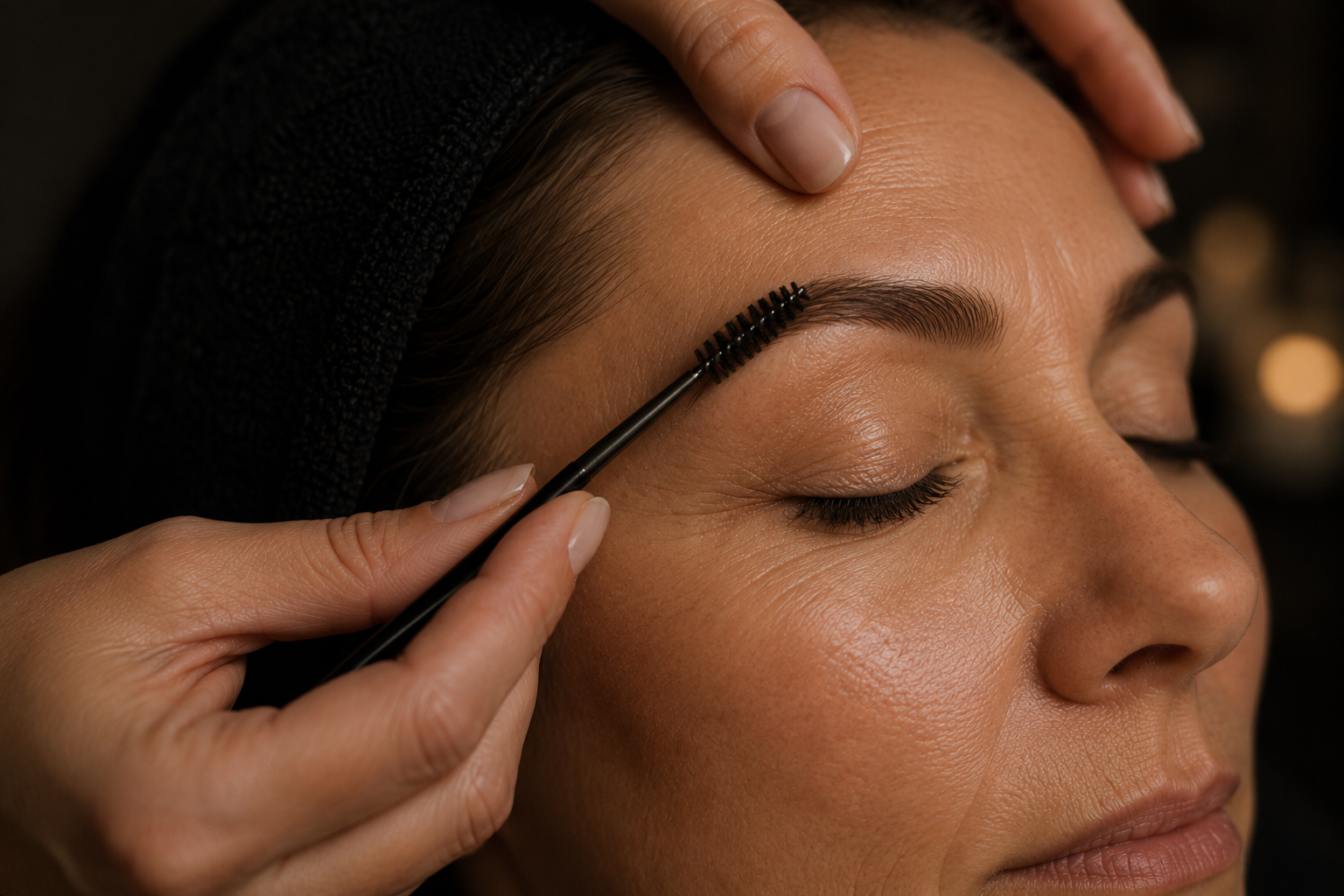 A woman getting her eyebrows groomed with a spoolie brush by a beautician.