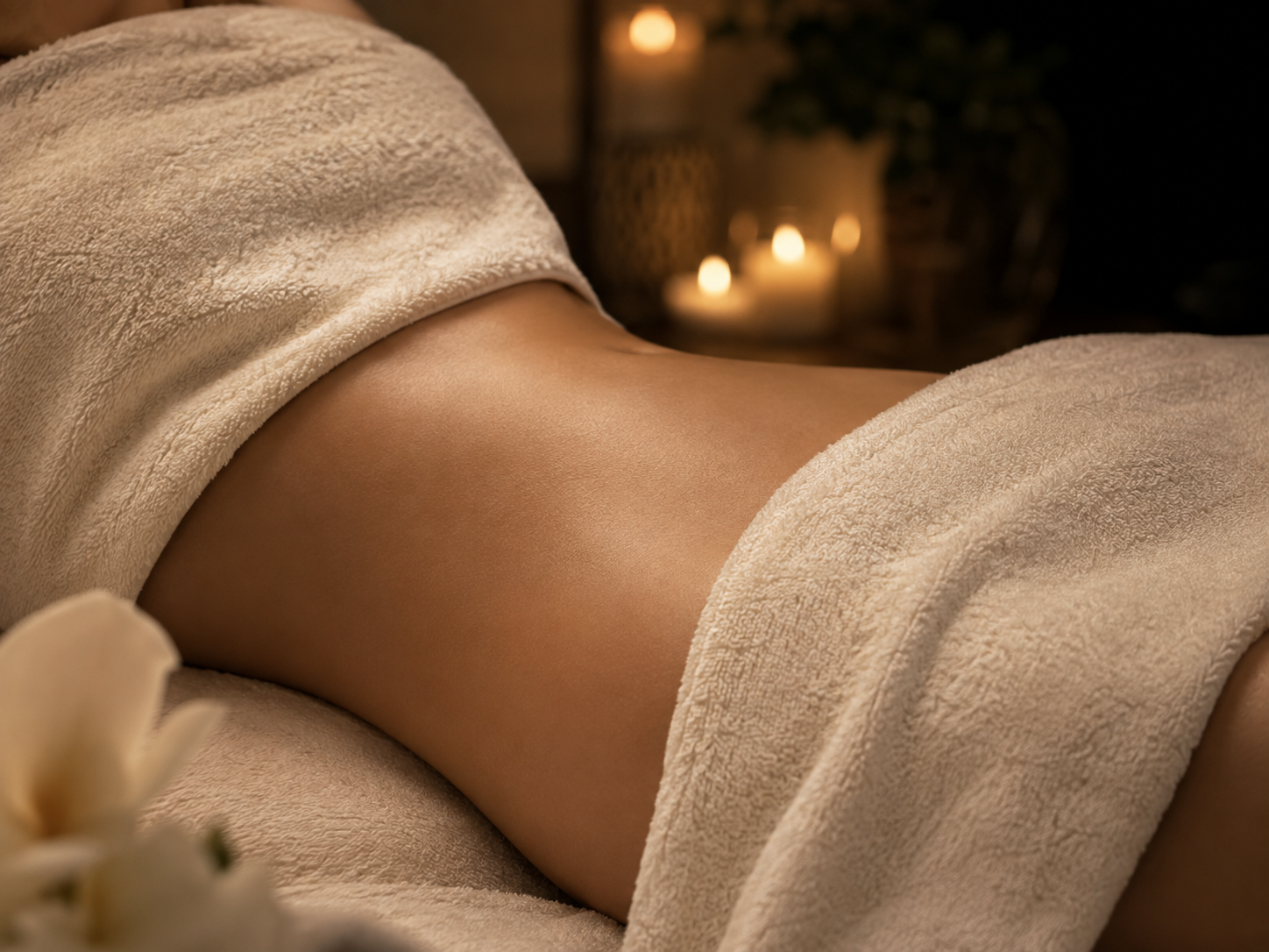 Close-up of a person's bare back and lower back area covered with beige towel during a massage in a dimly lit room with candles.
