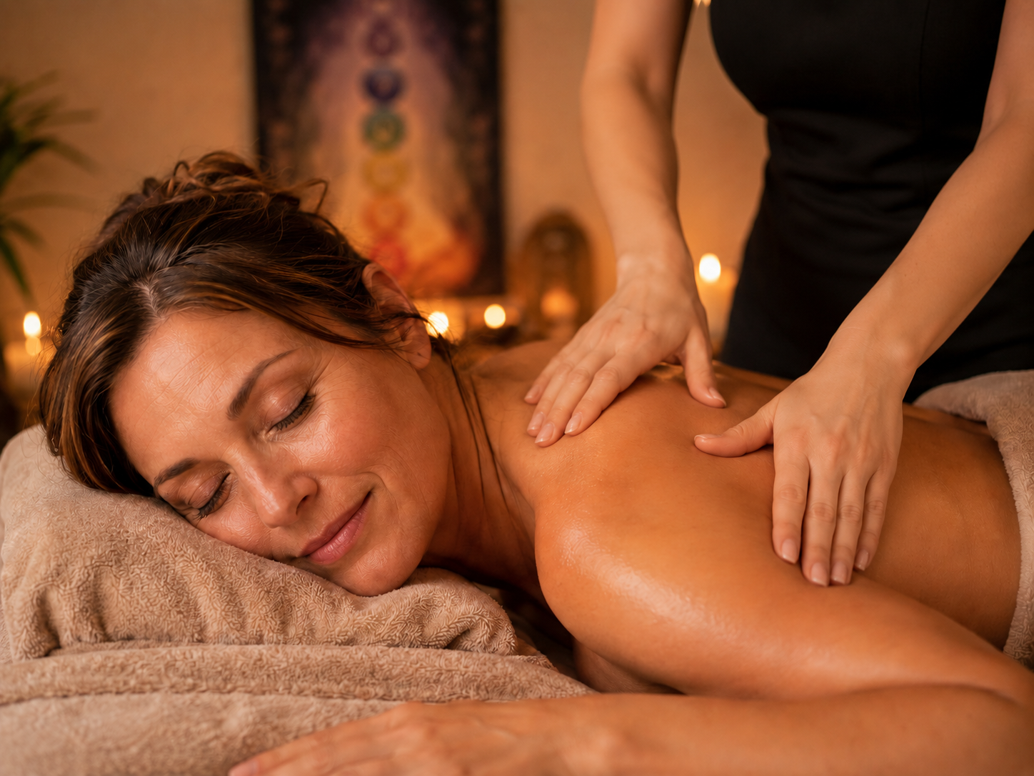 A woman receiving a massage in a relaxing spa environment with candles and a colorful tapestry in the background.