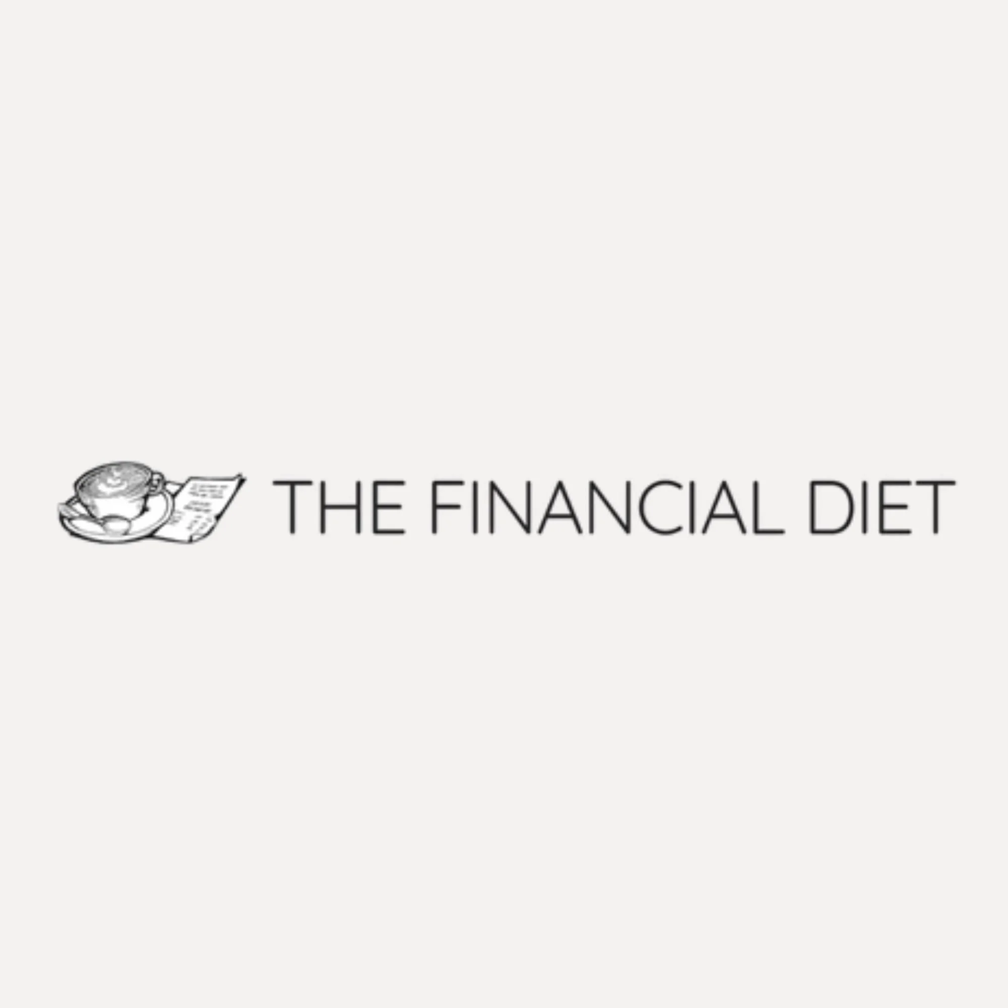 Black and white image of a person writing in a notebook with a cup of coffee nearby and a laptop, titled 'The Financial Diet'.