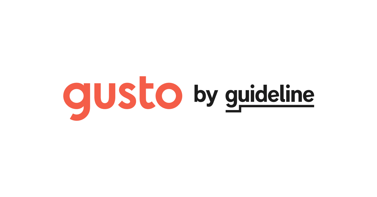 Gusto by guideline logo with the word 'gusto' in large red lowercase letters and 'by guideline' in small black lowercase letters.