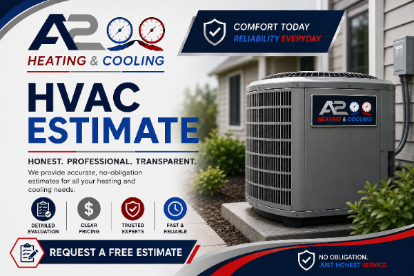 HVAC estimate flyer featuring the A2 Heating & Cooling logo, an outdoor air conditioning unit, and text promoting honest, professional HVAC services with icons for evaluation, pricing, experts, and reliability.