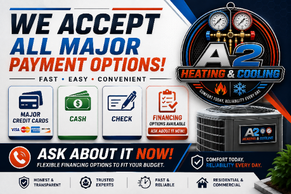 An advertisement for A2 Heating & Cooling highlighting multiple payment options including major credit cards, cash, check, and financing, emphasizing ease, convenience, and reliability.