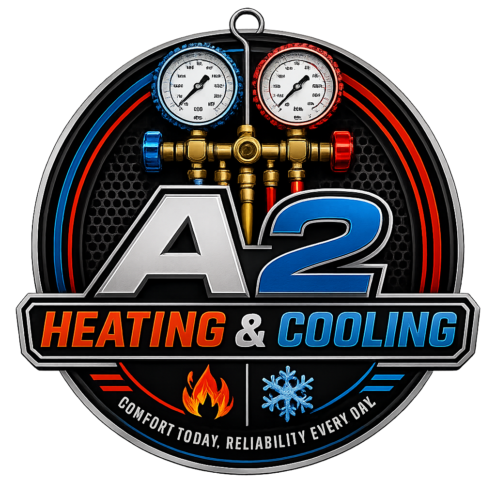 A logo for A2 Heating & Cooling featuring heating and cooling symbols, gauges, and the tagline "Comfort Today, Reliability Every Day."