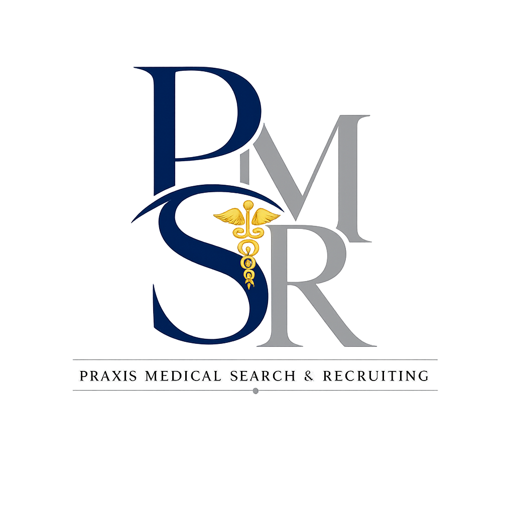 Logo for Praxis Medical Search & Recruiting, with large stylized letters 'P', 'S', and 'R' and a caduceus symbol connecting the letters.