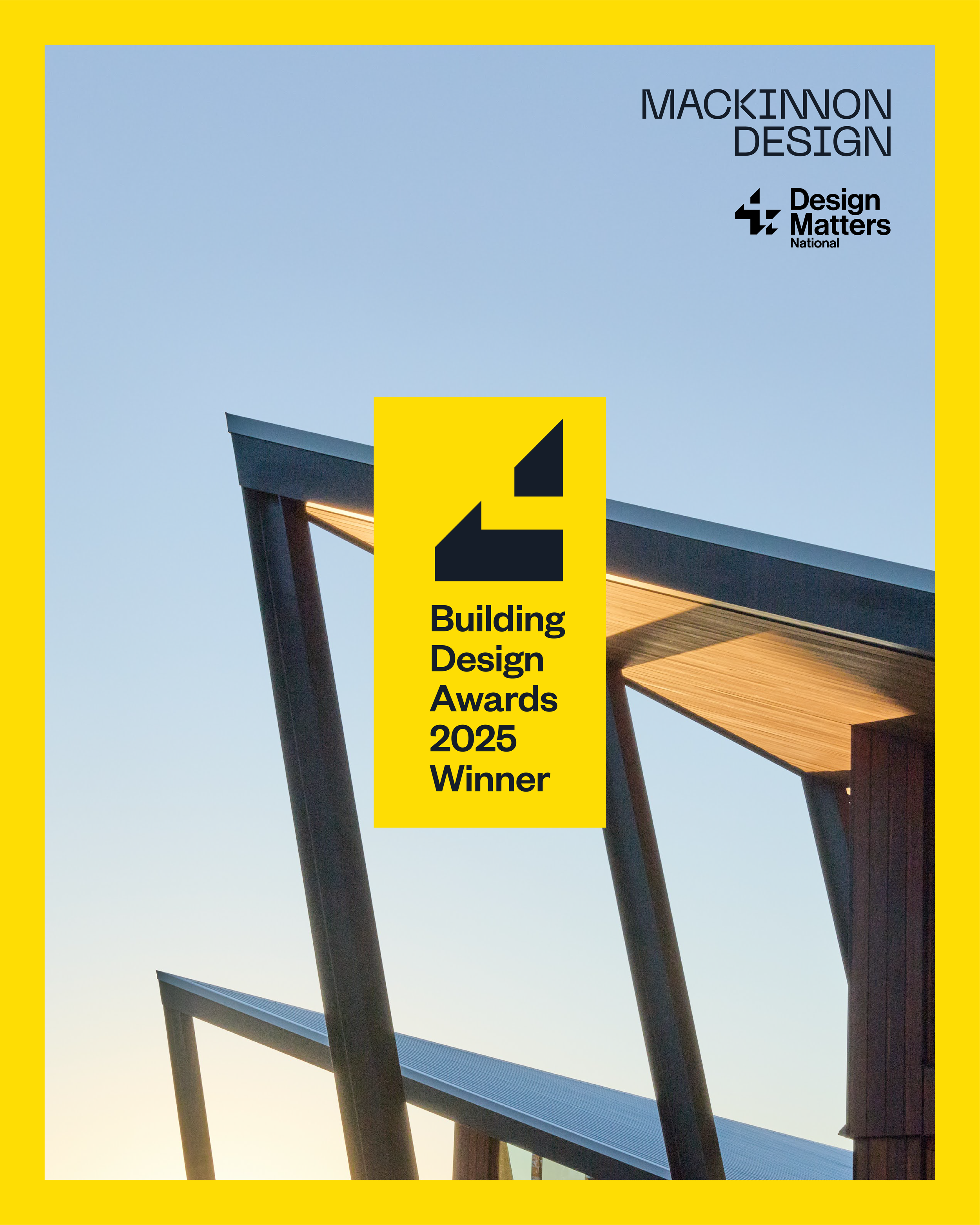 Close-up of a modern building with wooden and metal elements, against a clear blue sky, with a bright yellow box overlay containing a black number four and the text 'Building Design Awards 2025 Winner'.