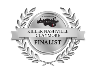 A badge with a laurel wreath, text that says 'Killer Nashville Claymore Finalist,' and a city skyline graphic.