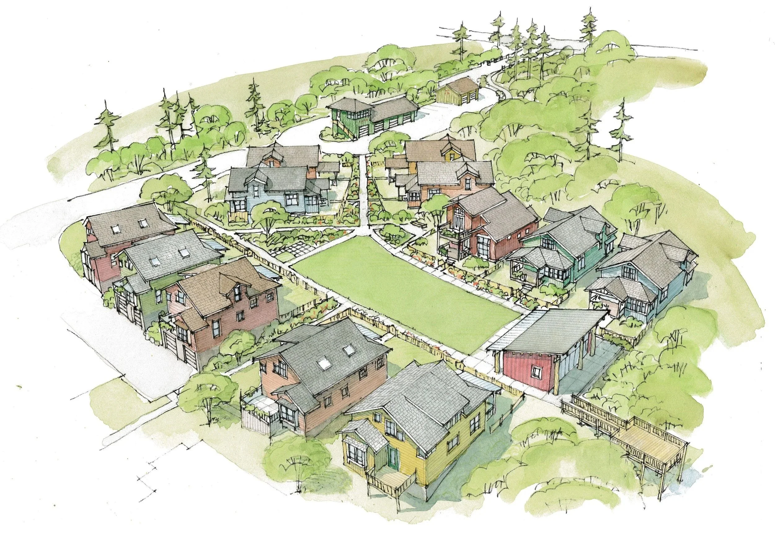 A watercolor illustration of a regenerative community featuring multiple houses, trees, and a central lawn, surrounded by hilly terrain and forested areas in the background.