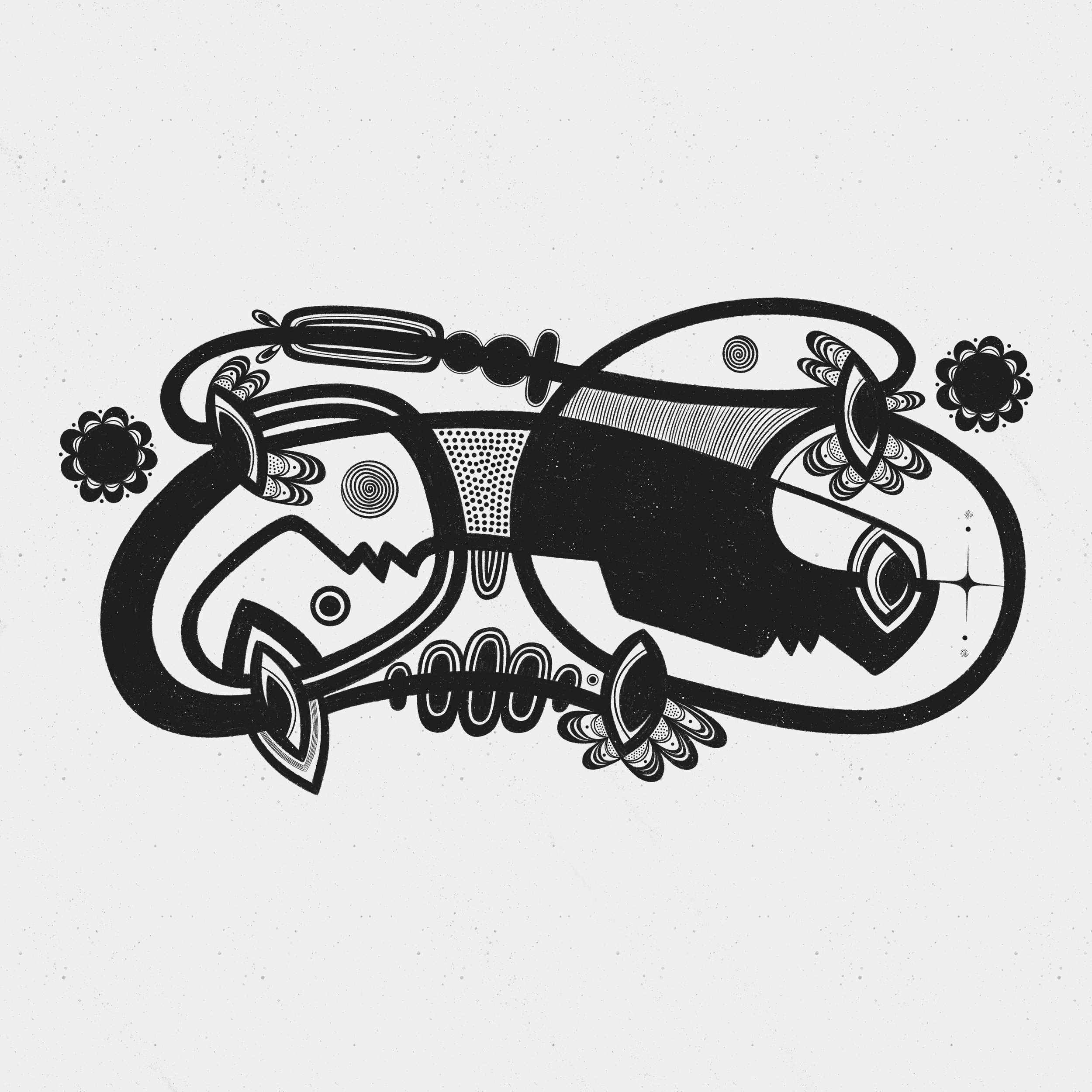 Black and white abstract design with floral motifs and swirling patterns.
