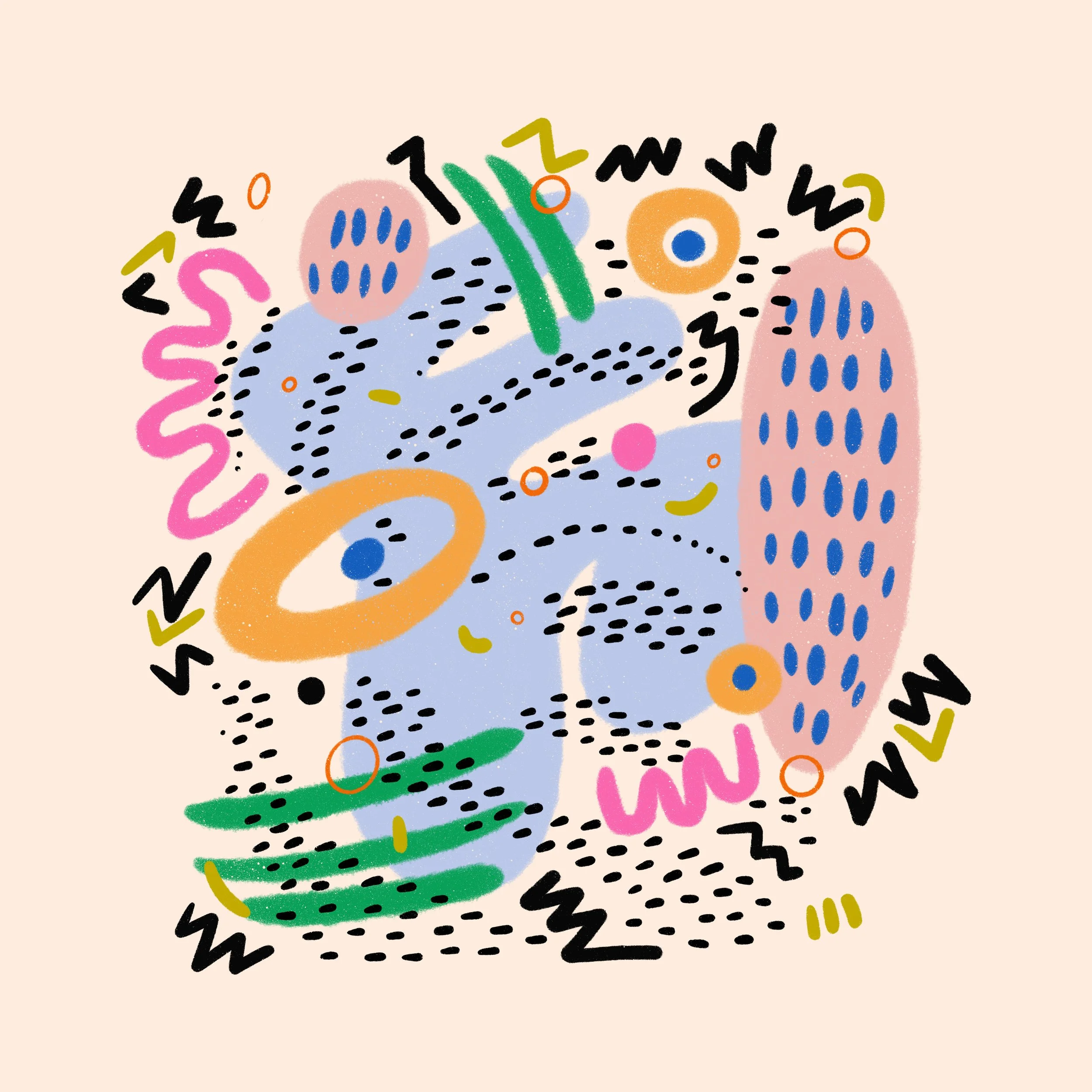 An abstract colorful art piece with various shapes, squiggles, and dashed lines in pink, blue, green, orange, black, and yellow on a beige background.