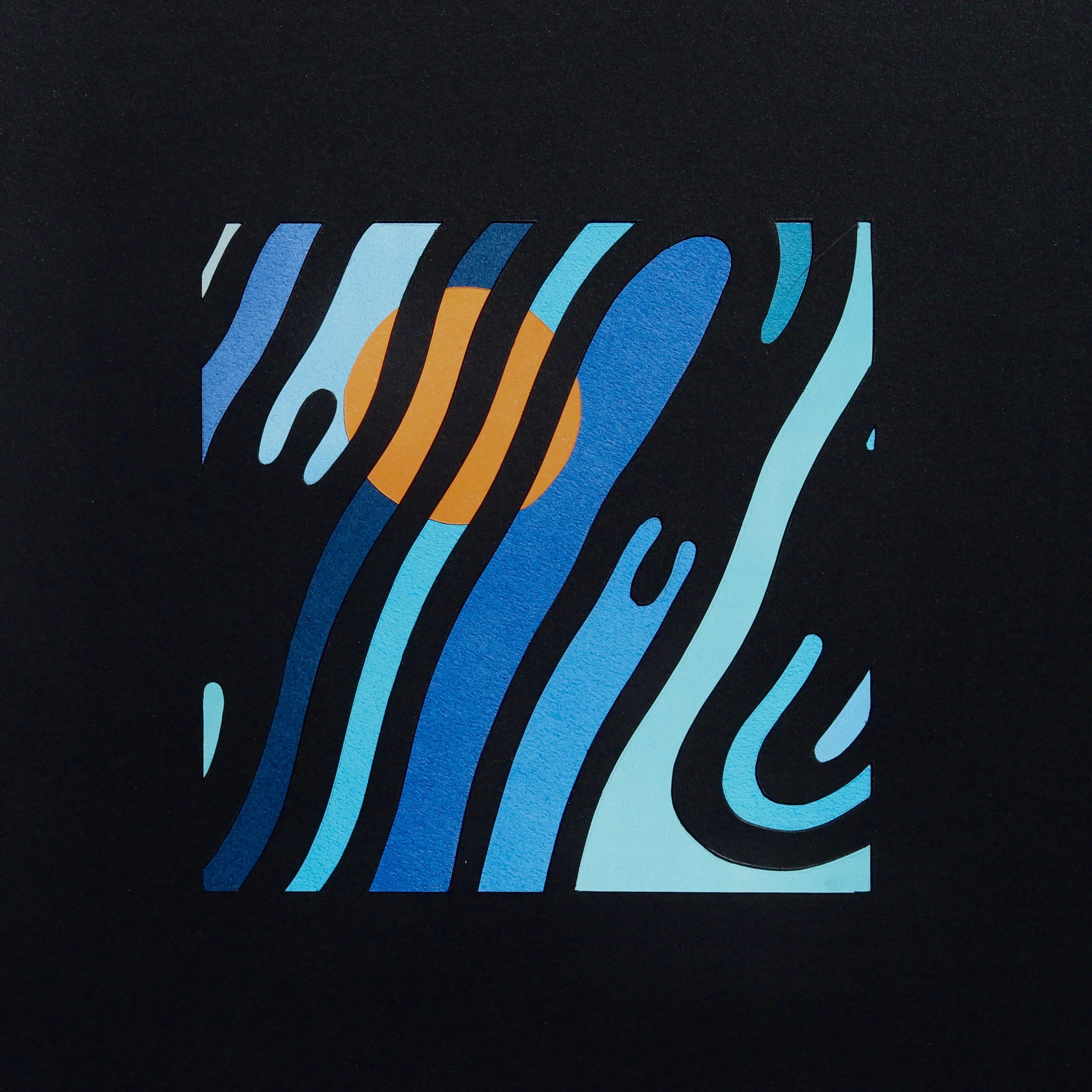 Paper collage with black shadow forms on top of bright blue colours