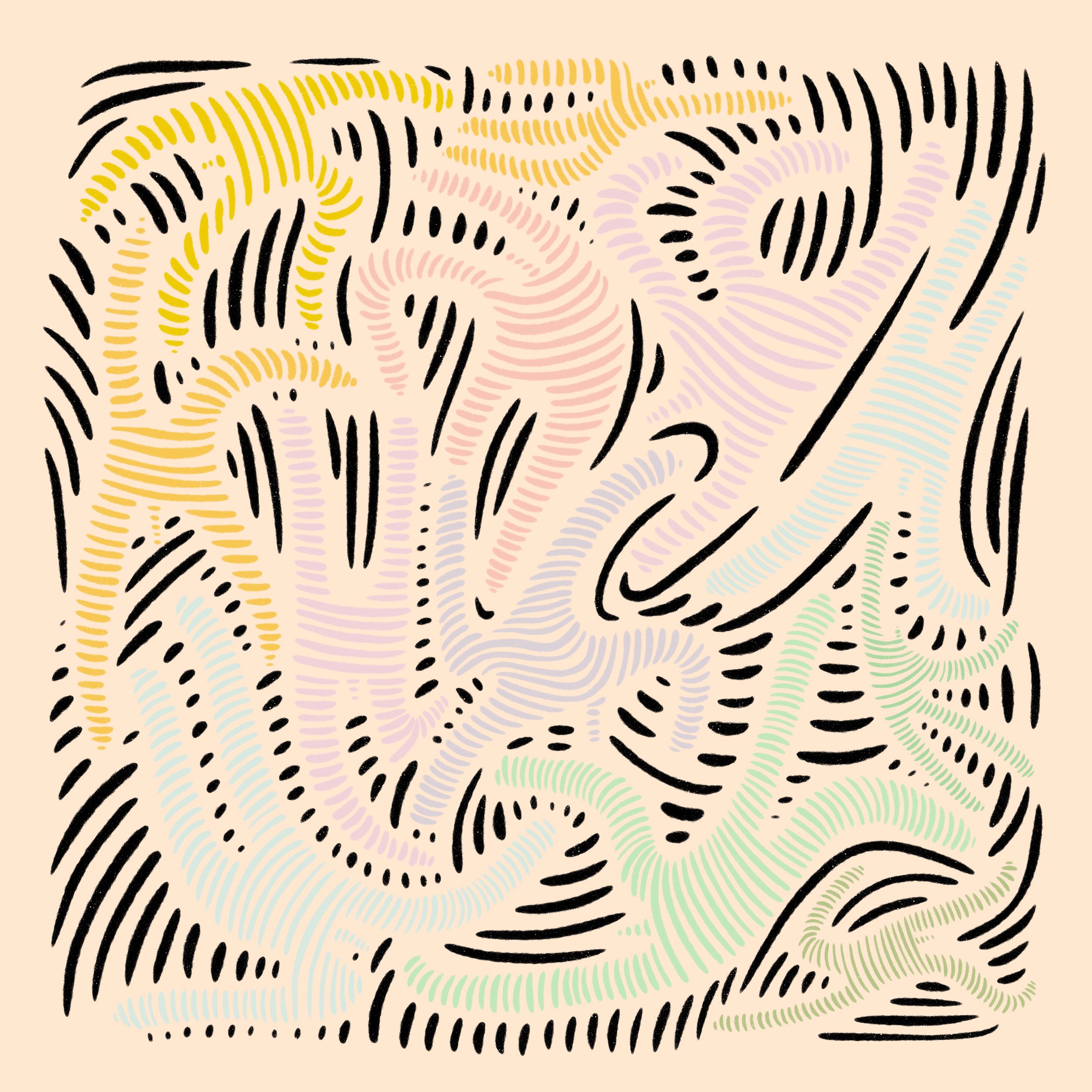Abstract art with colorful, wavy lines resembling human figures on a beige background, featuring black accents.
